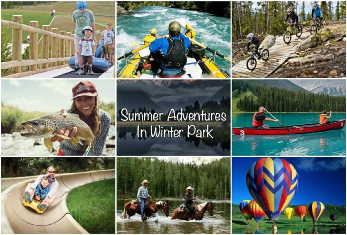 An energetic scene of families enjoying summer and shoulder-season activities, including river rafting, biking along scenic trails, kayaking, fishing, horseback riding, colorful hot air balloon rides, and water slides. The mood is playful and adventurous, capturing the spirit of summer in the mountains.