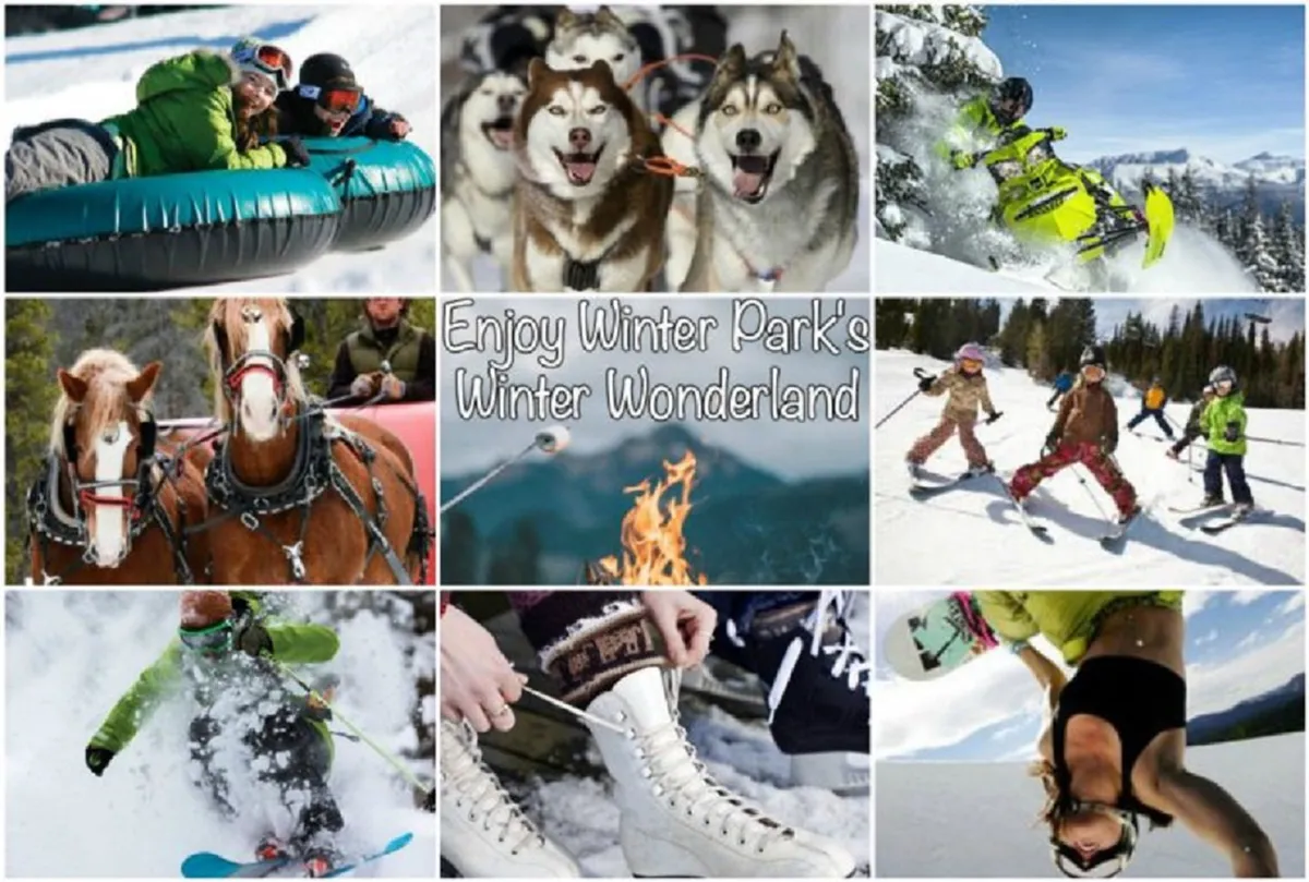 A lively winter scene featuring families and children enjoying snow activities such as tubing, dog sledding, skiing, and playing near a fire pit. The joyful atmosphere captures the excitement of outdoor adventures and après-ski bonding.