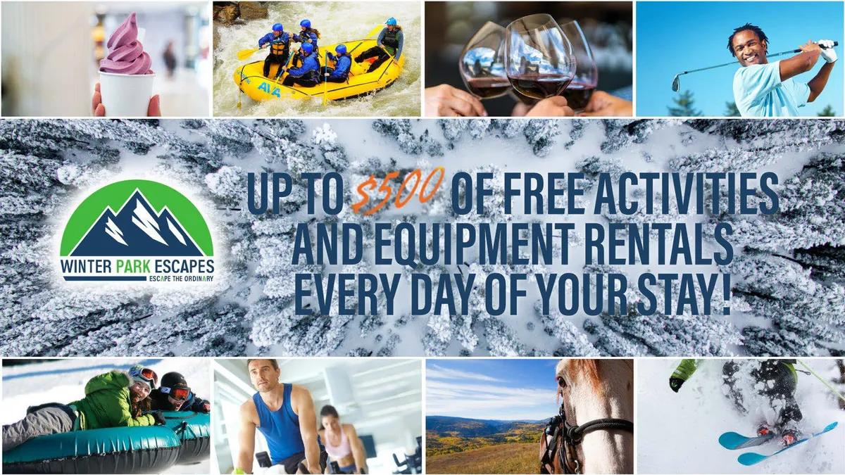 A vibrant collage of outdoor adventures, featuring people actively engaging in white-water rafting, skiing, golfing, horseback riding, and exploring local cuisine. The scenery alternates between lush summer landscapes and snowy winter settings, showcasing the diverse array of seasonal activities available in Winter Park.