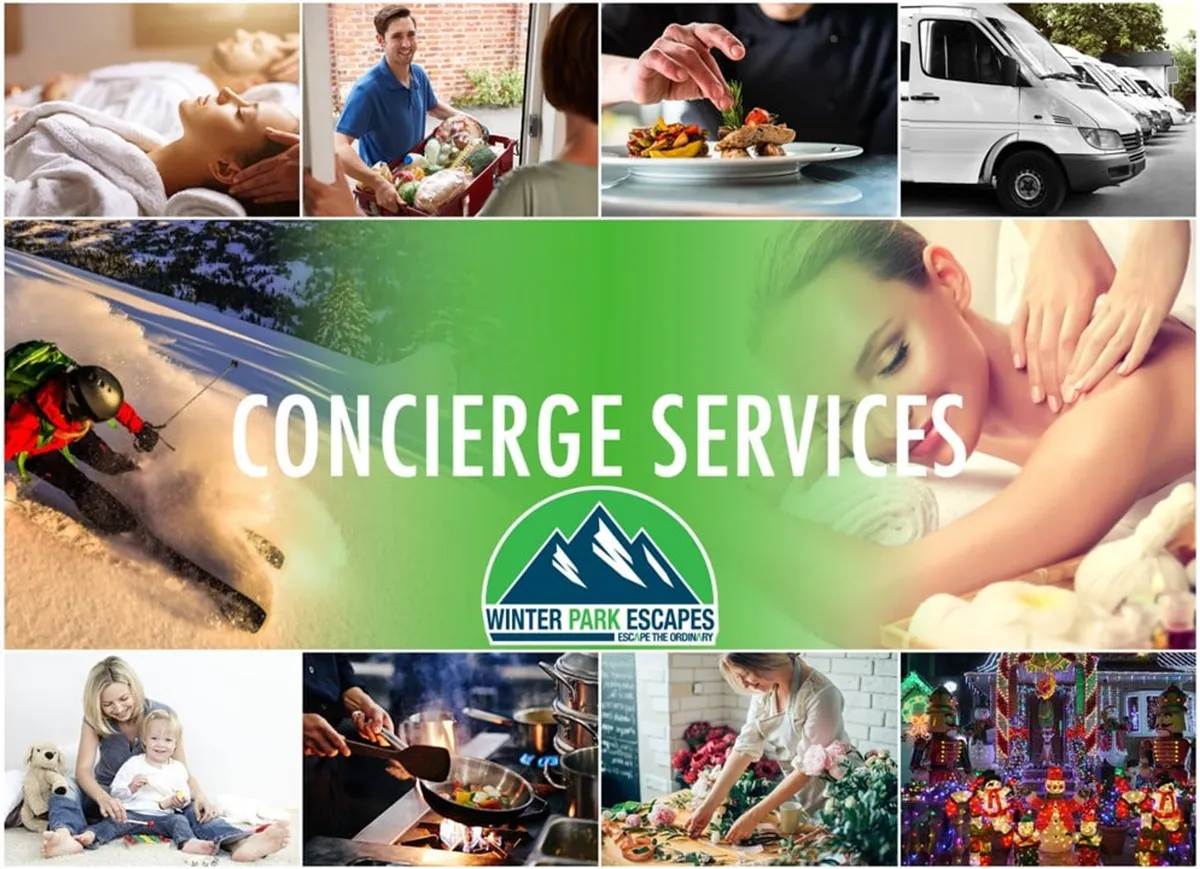A collage-like scene of interior perks, including concierge services, ski gear, massage therapy, family gatherings, gourmet meals, and festive decorations. The image conveys a sense of luxury resort living and at-home services.